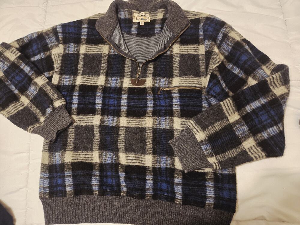 L.L. Bean Sweater Made Italy Sz S Vichy Plaid Wool Blend 1/4 Zip 80s Granpa Vtg